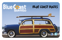 Blue Coast Burrito - Blue Coast Bucks. Vintage beach car with a surfboard on the roof.